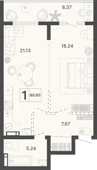 Планировка 1-комн. квартира, 60.65 м² ЖК «Светский лес»