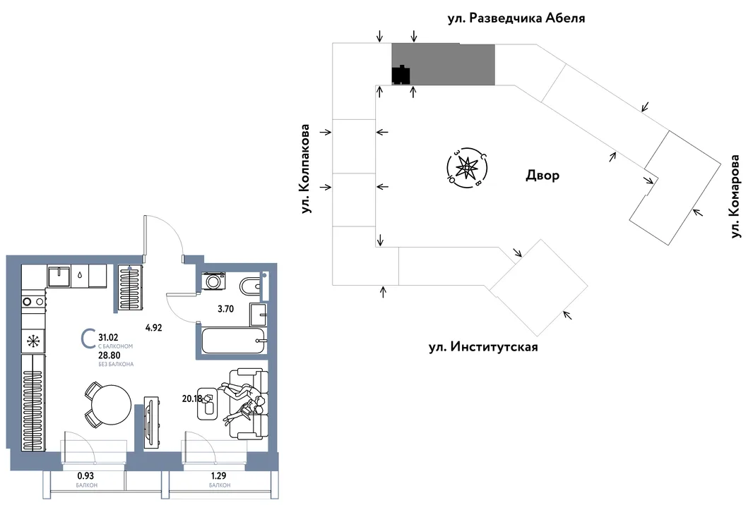 Планировка Студия, 31.02 м² ЖК «Страна.Парковая»