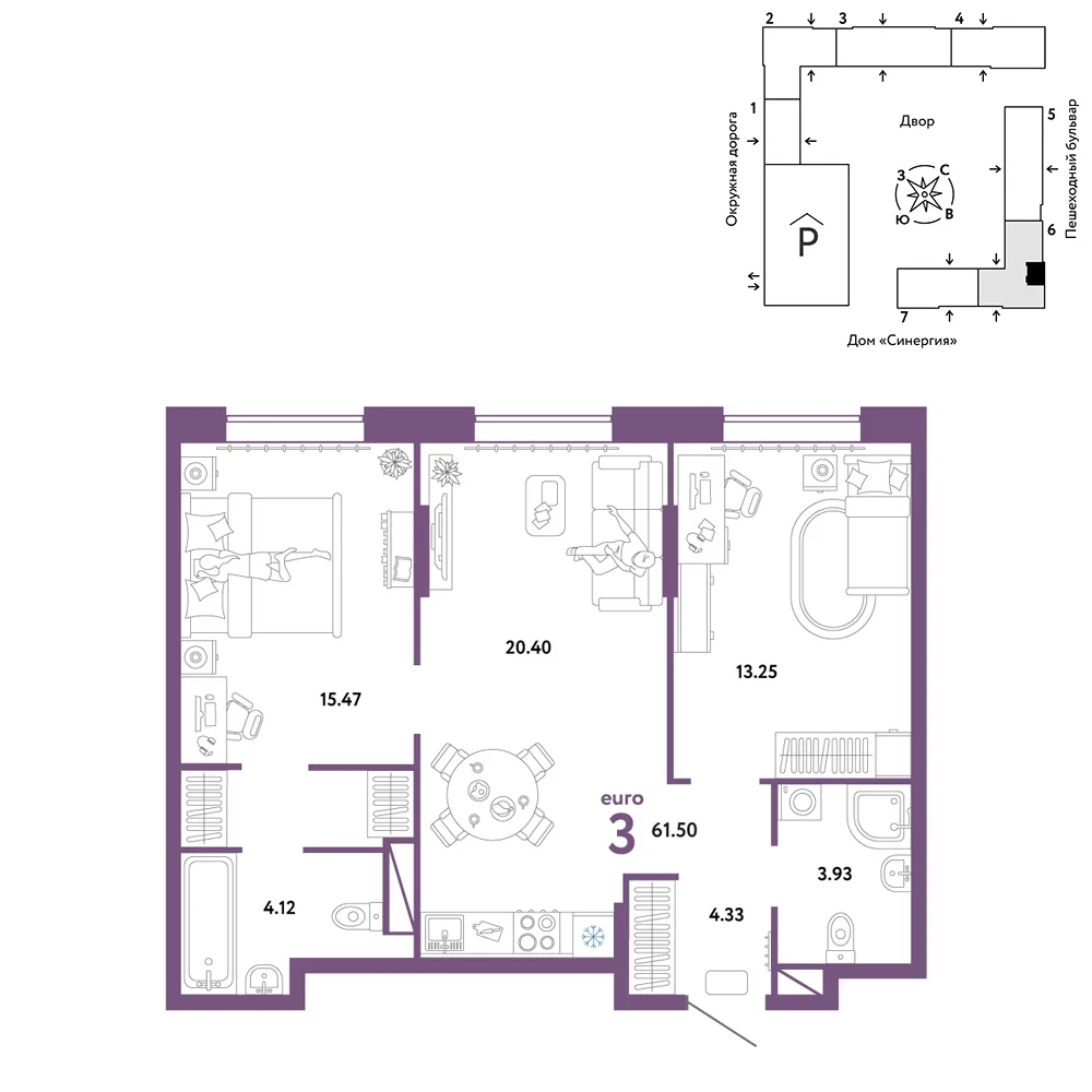 Планировка 3-комн. квартира, 61.5 м² ЖК «Юнион»