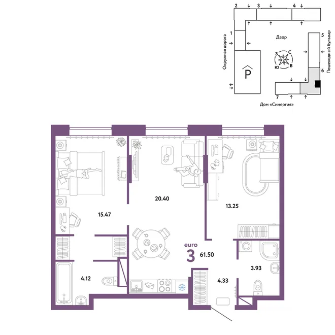 Планировка 3-комн. квартира, 61.5 м² ЖК «Юнион» Планировка 3-комн. квартира, 61.5 м² ЖК «Юнион»