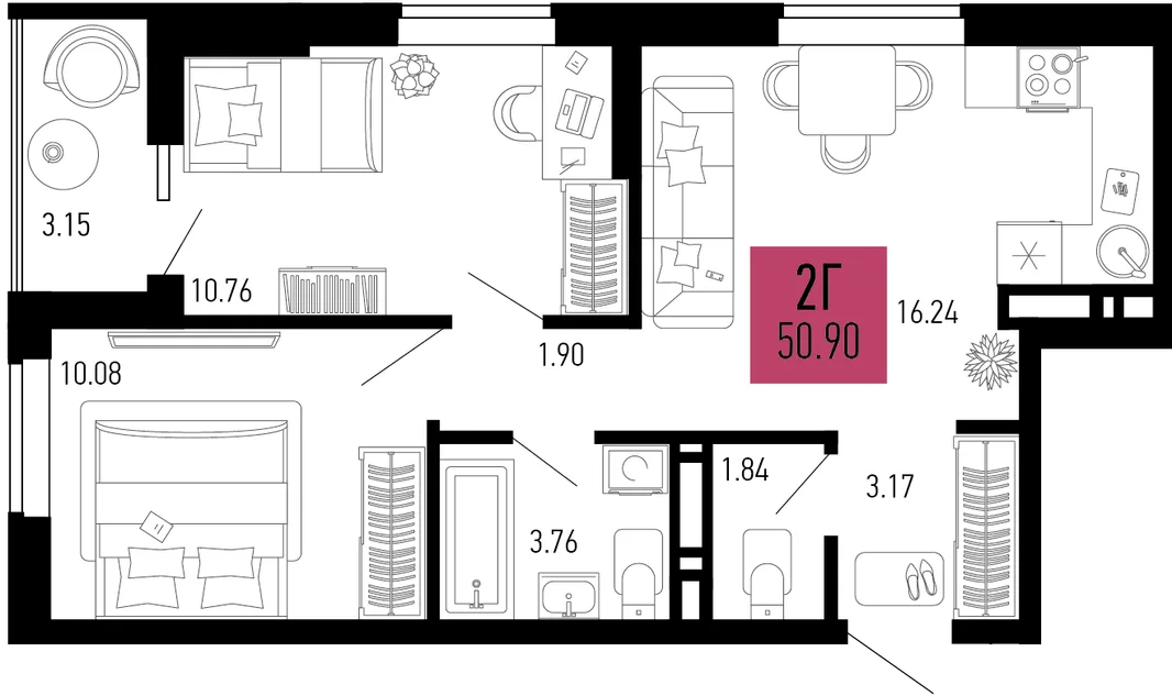 Планировка 2-комн. квартира, 50.9 м² ЖК «Столицыно»