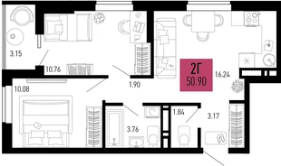 Планировка 2-комн. квартира, 50.9 м² ЖК «Столицыно»