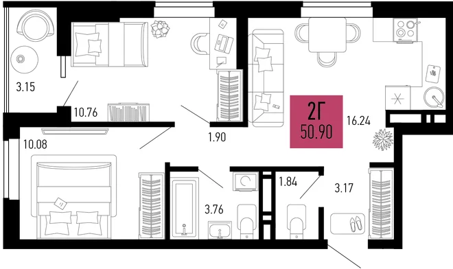 Планировка 2-комн. квартира, 50.9 м² ЖК «Столицыно» Планировка 2-комн. квартира, 50.9 м² ЖК «Столицыно»
