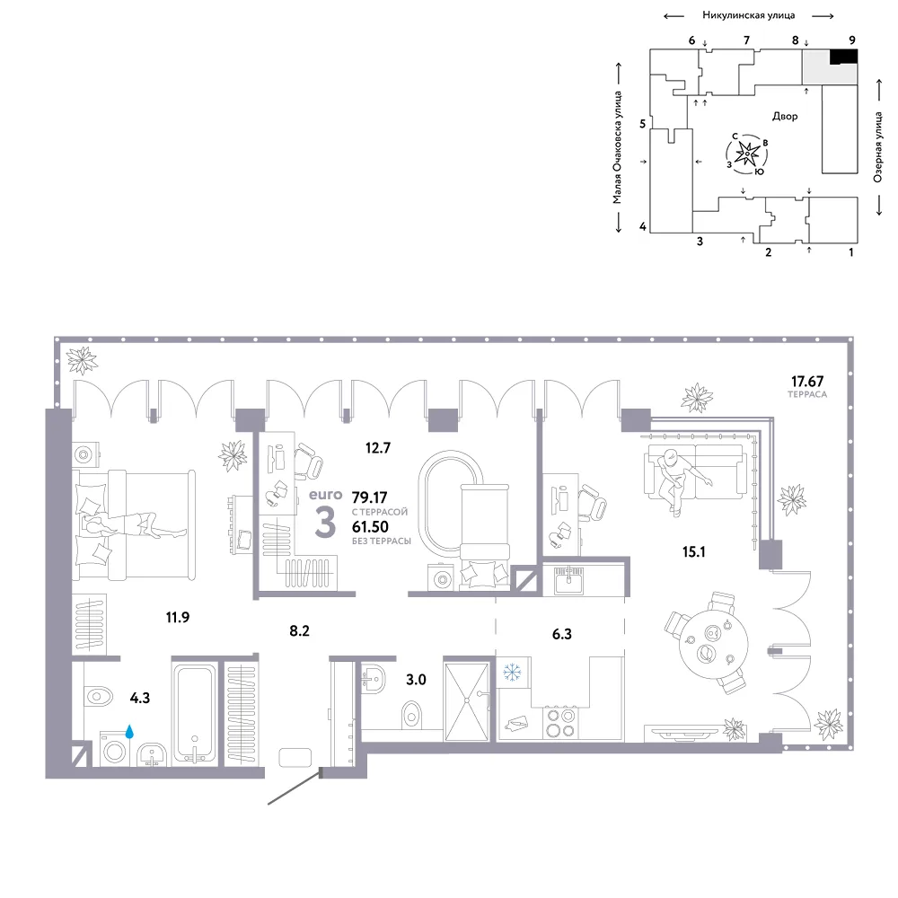 Планировка 3-комн. квартира, 79.17 м² ЖК «Страна.Озёрная»