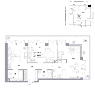 Планировка 3-комн. квартира, 79.17 м² ЖК «Страна.Озёрная»