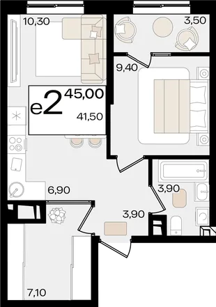 Планировка 2-комн. квартира, 45 м² ЖК «Патрики»