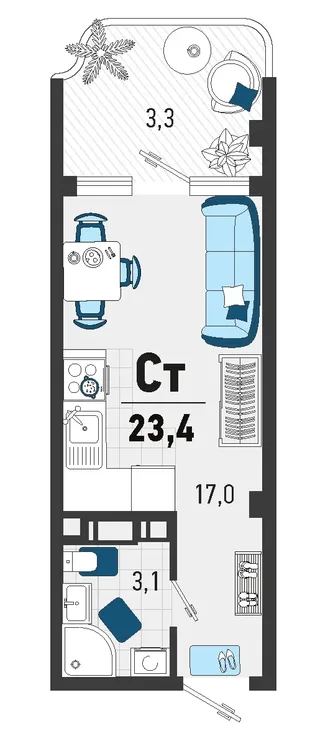 Планировка Студия, 20.7 м² ЖК «Монако»