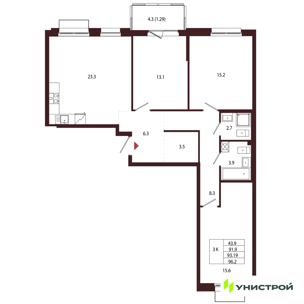 Планировка 3-комн. квартира, 93.19 м² ЖК «Лисино»