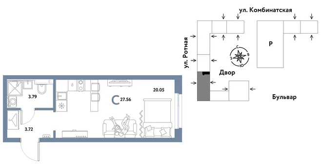 Планировка Студия, 27.42 м² ЖК «Уральский сад»