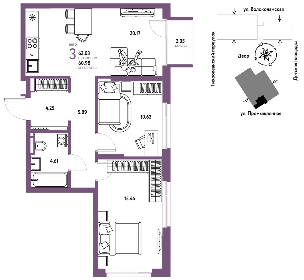 Планировка 3-комн. квартира, 63.03 м² ЖК «Страна Прибрежная»