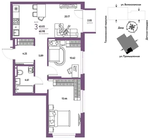 Планировка 3-комн. квартира, 63.03 м² ЖК «Страна Прибрежная»