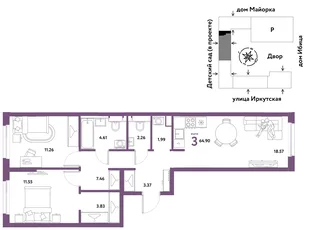 Планировка 3-комн. квартира, 64.9 м² ЖК «Остров-сад»
