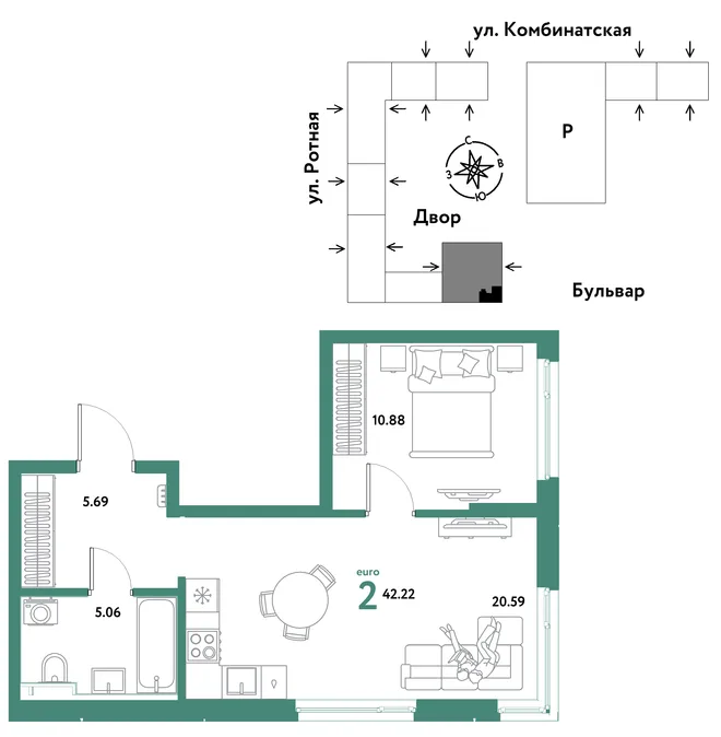 Планировка 2-комн. квартира, 42.22 м² ЖК «Уральский сад» Планировка 2-комн. квартира, 42.22 м² ЖК «Уральский сад»