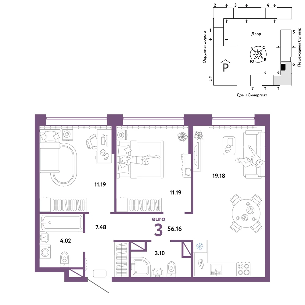Планировка 3-комн. квартира, 56.16 м² ЖК «Юнион»