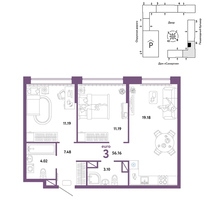 Планировка 3-комн. квартира, 56.16 м² ЖК «Юнион» Планировка 3-комн. квартира, 56.16 м² ЖК «Юнион»