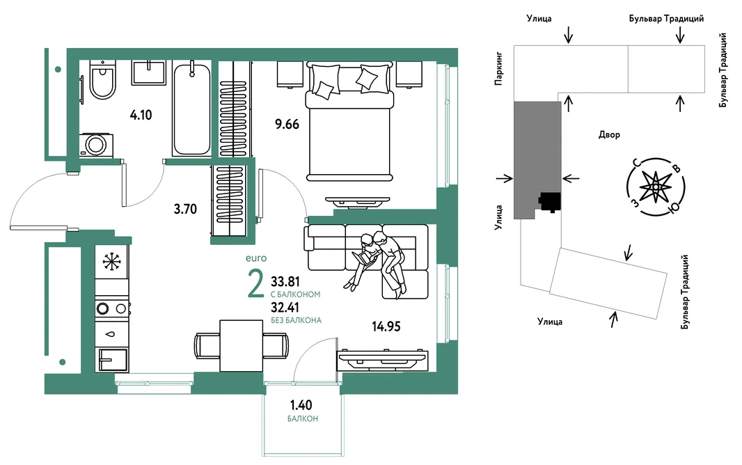 Планировка 2-комн. квартира, 33.81 м² ЖК «Микрорайон Домашний»