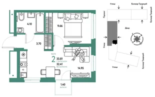 Планировка 2-комн. квартира, 33.81 м² ЖК «Микрорайон Домашний»