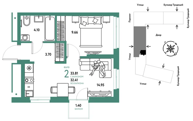 Планировка 2-комн. квартира, 33.81 м² ЖК «Микрорайон Домашний» Планировка 2-комн. квартира, 33.81 м² ЖК «Микрорайон Домашний»