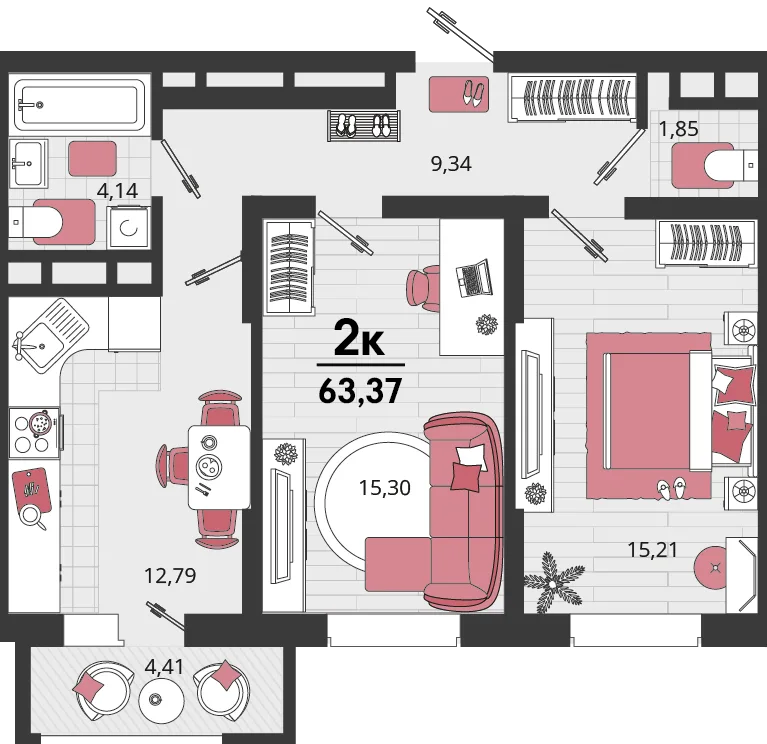 Планировка 2-комн. квартира, 63.37 м² ЖК «Родные просторы»