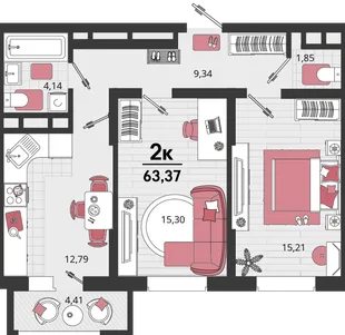 Планировка 2-комн. квартира, 63.37 м² ЖК «Родные просторы»