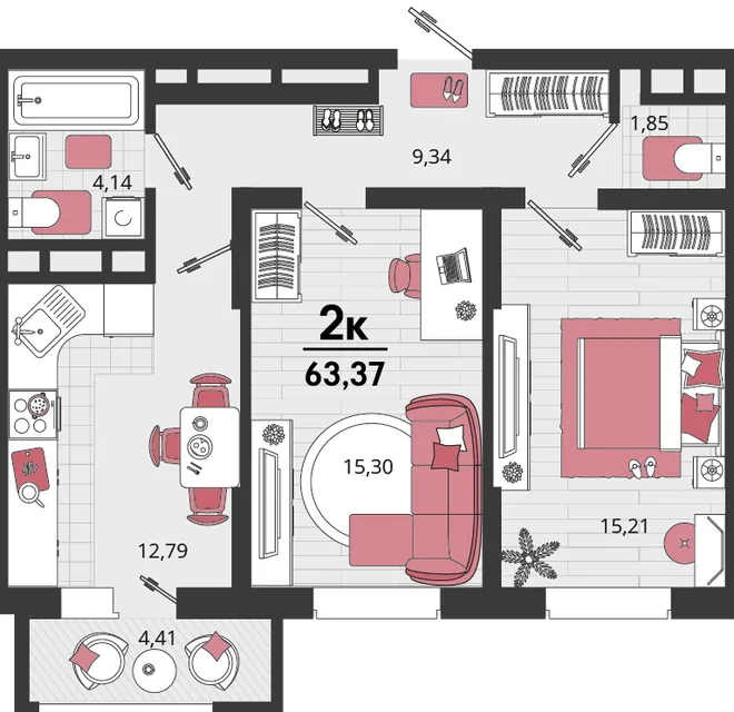 Планировка 2-комн. квартира, 63.37 м² ЖК «Родные просторы» Планировка 2-комн. квартира, 63.37 м² ЖК «Родные просторы»