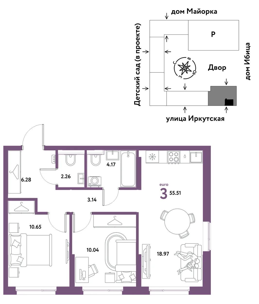 Планировка 3-комн. квартира, 55.51 м² ЖК «Остров-сад»