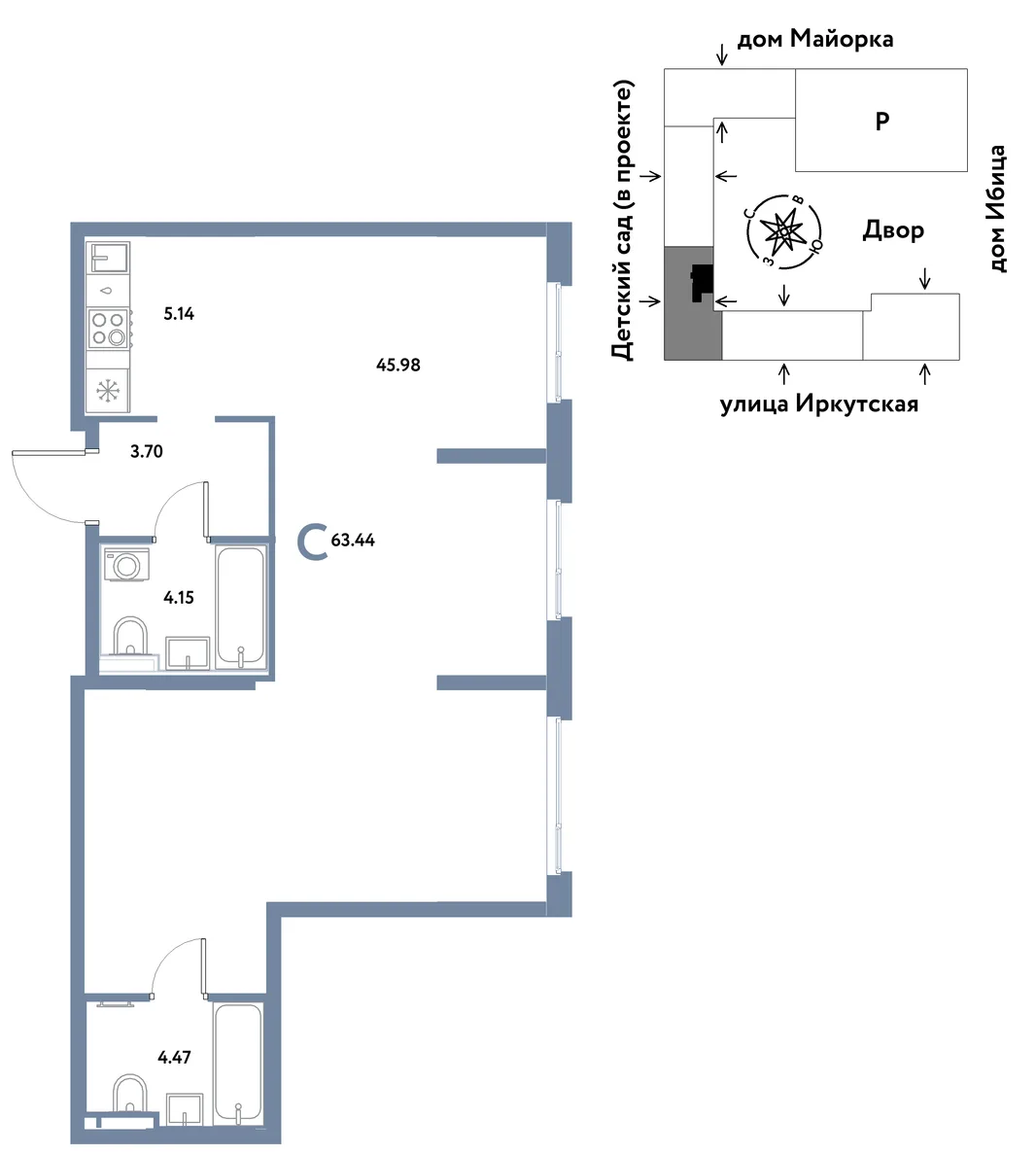 Планировка Студия, 63.44 м² ЖК «Остров-сад»