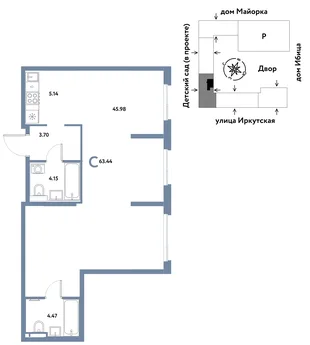 Планировка Студия, 63.44 м² ЖК «Остров-сад»