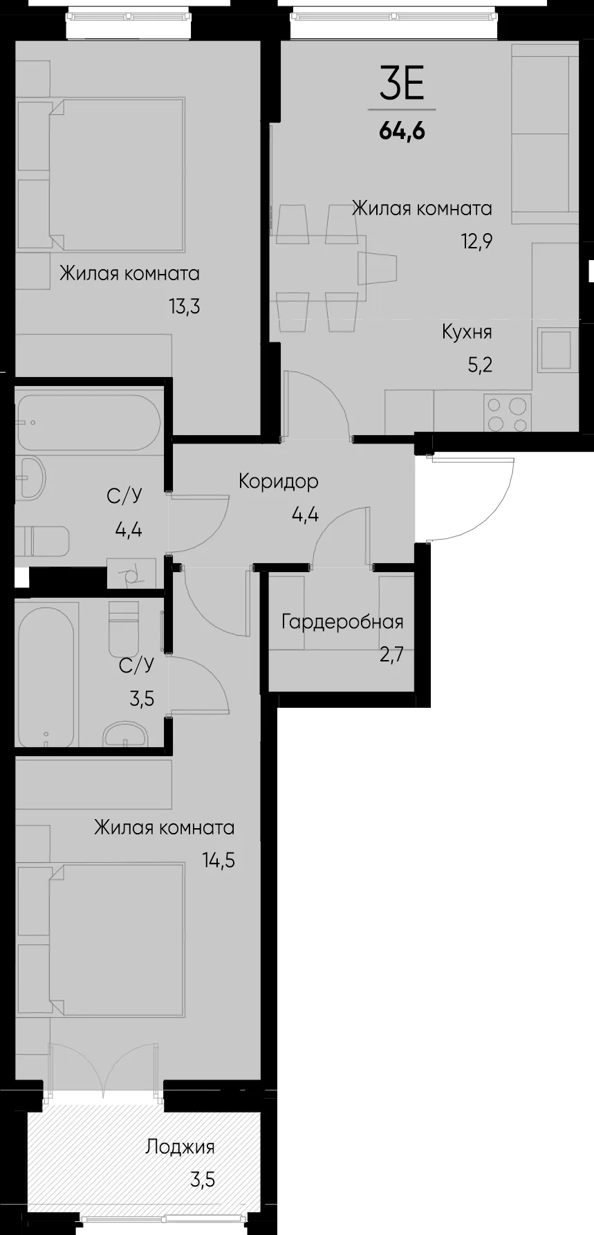 Планировка 3-комн. квартира, 64.4 м² ЖК «Васильевский остров»
