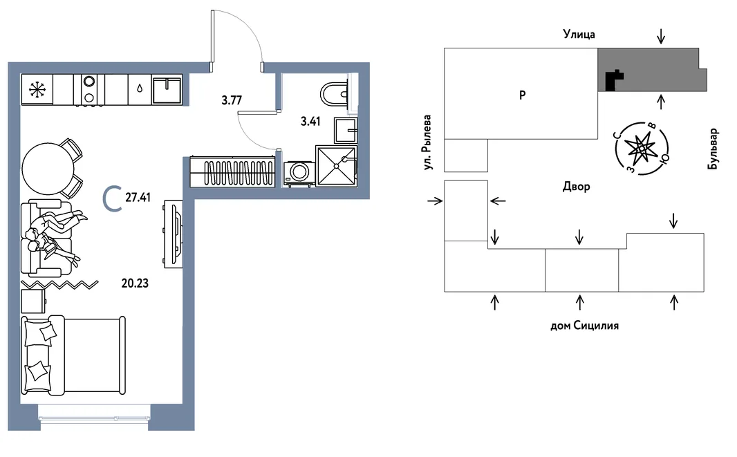 Планировка Студия, 27.41 м² ЖК «Остров-сад»