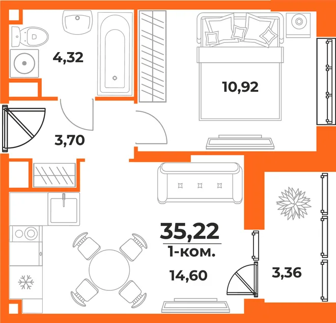 Планировка 1-комн. квартира, 35.22 м² ЖК «Живописный сад» Планировка 1-комн. квартира, 35.22 м² ЖК «Живописный сад»