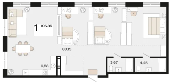 Планировка 1-комн. квартира, 105.85 м² ЖК «Патрики»