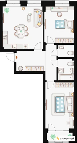 Планировка 2-комн. квартира, 73.59 м² ЖК «Жилой кластер Q на Кулагина»