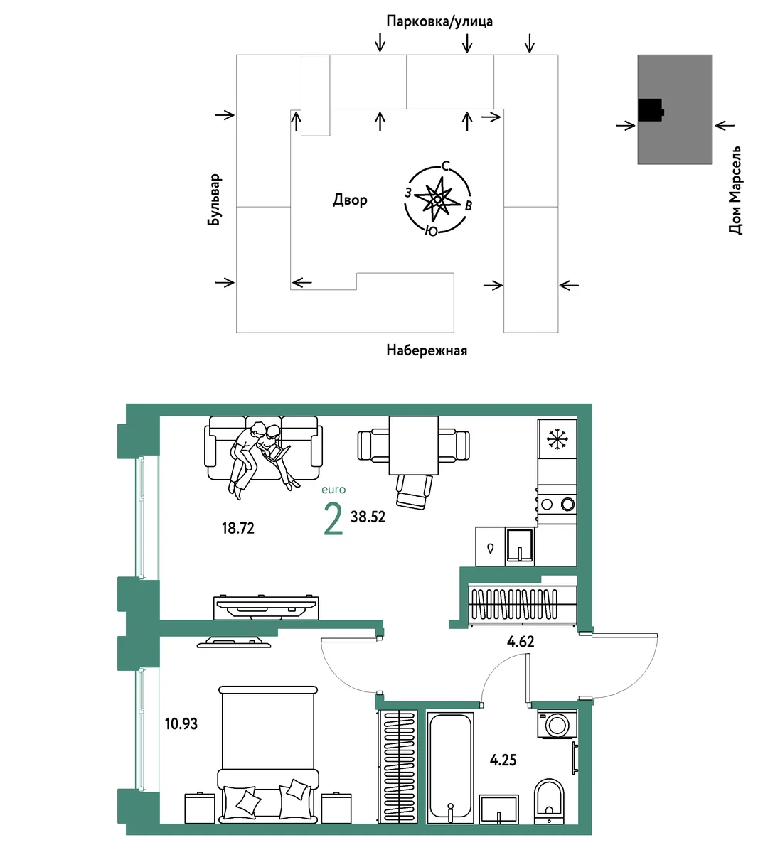 Планировка 2-комн. квартира, 38.52 м² ЖК «Европейский берег 2.0»