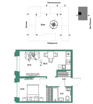 Планировка 2-комн. квартира, 38.52 м² ЖК «Европейский берег 2.0»