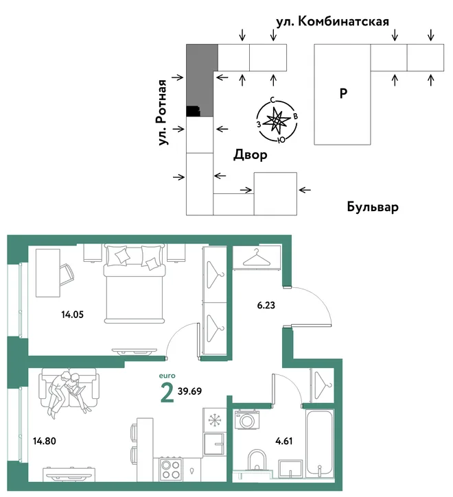Планировка 2-комн. квартира, 39.69 м² ЖК «Уральский сад» Планировка 2-комн. квартира, 39.69 м² ЖК «Уральский сад»