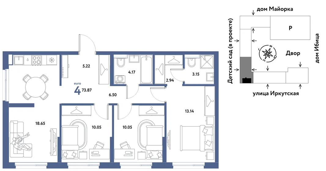 Планировка 4-комн. квартира, 73.87 м² ЖК «Остров-сад»