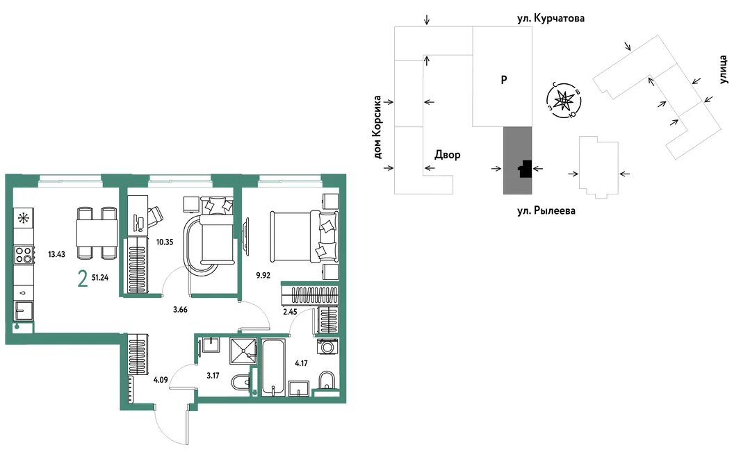 Планировка 2-комн. квартира, 51.23 м² ЖК «Остров-сад»