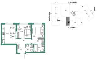 Планировка 2-комн. квартира, 51.23 м² ЖК «Остров-сад»