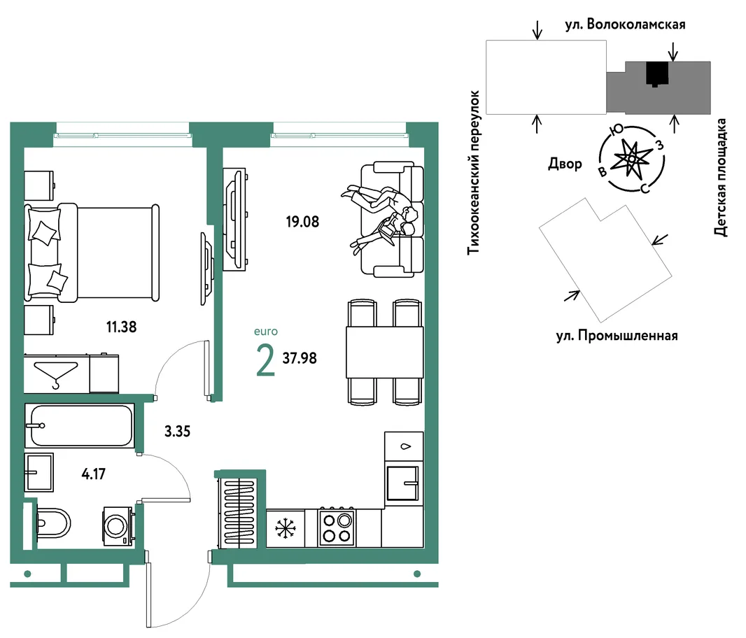 Планировка 2-комн. квартира, 37.98 м² ЖК «Страна Прибрежная»