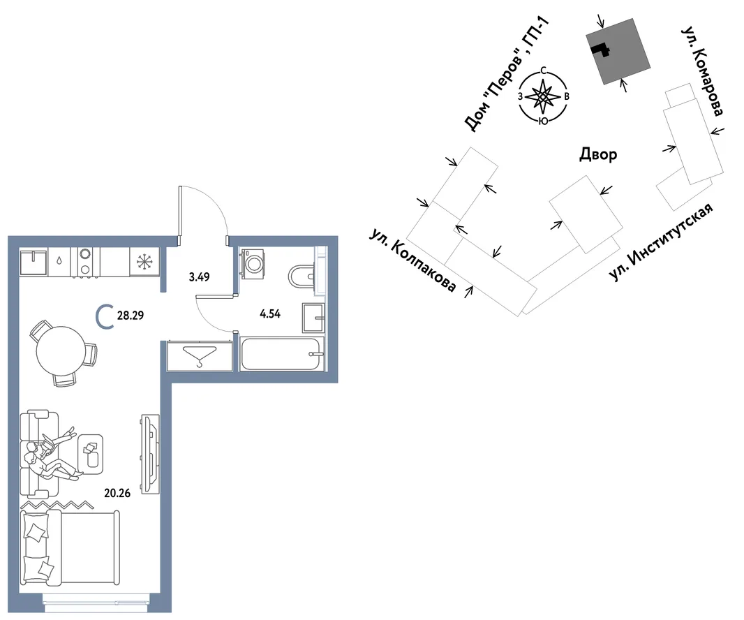 Планировка Студия, 28.29 м² ЖК «Страна.Парковая»