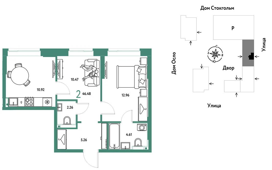 Планировка 2-комн. квартира, 46.48 м² ЖК «Европейский берег 2.0»