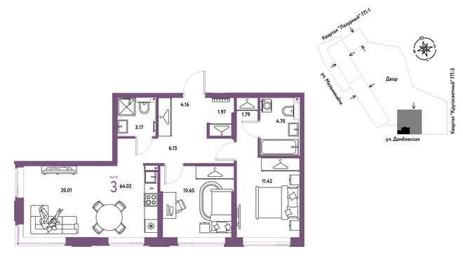Планировка 3-комн. квартира, 64.02 м² ЖК «Страна Прибрежная»