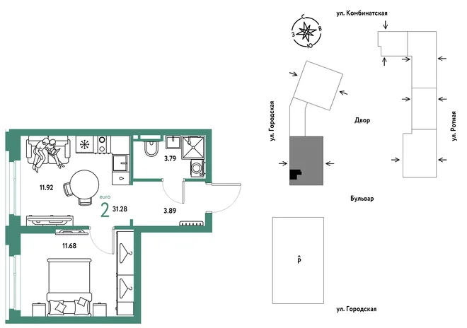 Планировка 2-комн. квартира, 31.28 м² ЖК «Уральский сад»