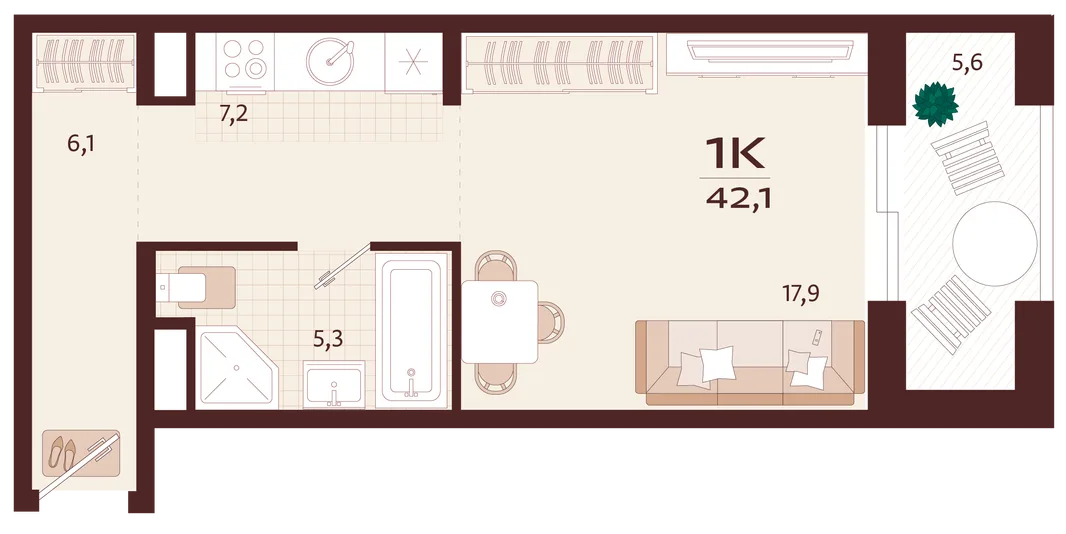 Планировка 1-комн. квартира, 42.1 м² ЖК «Роялта»