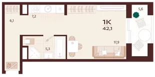 Планировка 1-комн. квартира, 42.1 м² ЖК «Роялта»