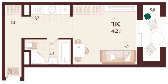 Планировка 1-комн. квартира, 42.1 м² ЖК «Роялта» Планировка 1-комн. квартира, 42.1 м² ЖК «Роялта»