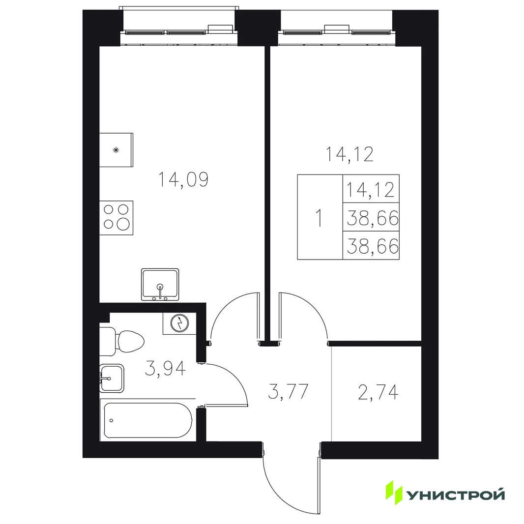 Планировка 1-комн. квартира, 38.66 м² ЖК «Statum»