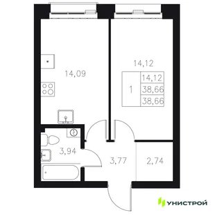 Планировка 1-комн. квартира, 38.66 м² ЖК «Statum»
