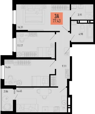 Планировка 3-комн. квартира, 77.43 м² ЖК «Столицыно»